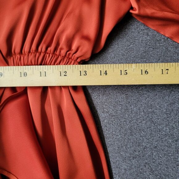 Chicwish M Rust Asymmetric Faux Wrap Ruffle Hem Satin Dress 711 - Picture 12 of 13